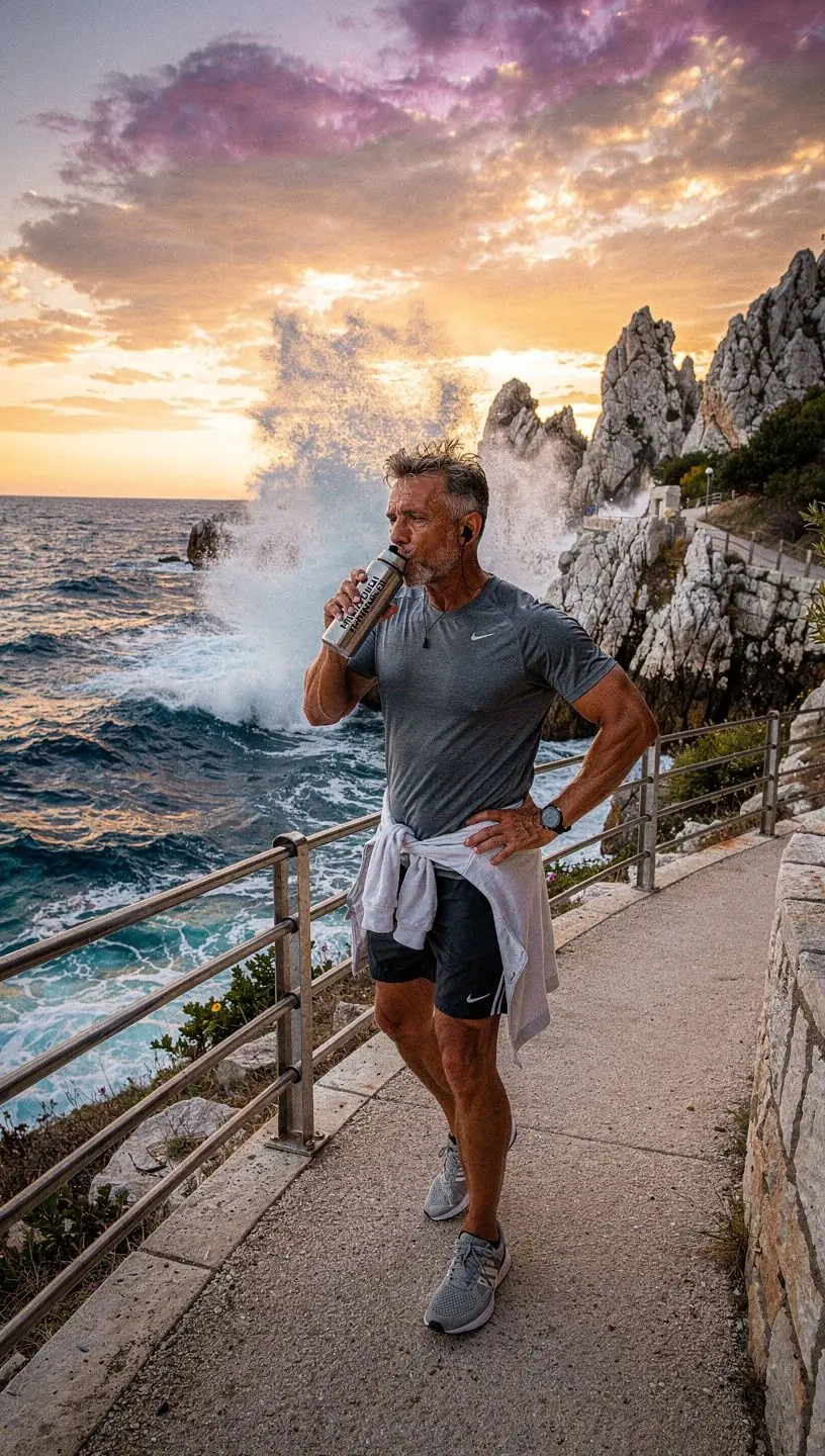 Prikaz šalice čaja na drvenom stolu s prirodnim okruženjem.